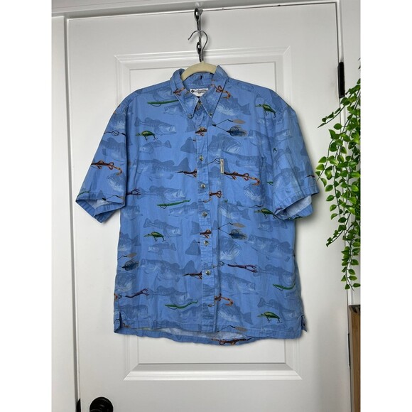 Columbia River Lodge All Over Fish hooked Shirt Blue Short Sleeve size medium - Picture 1 of 6